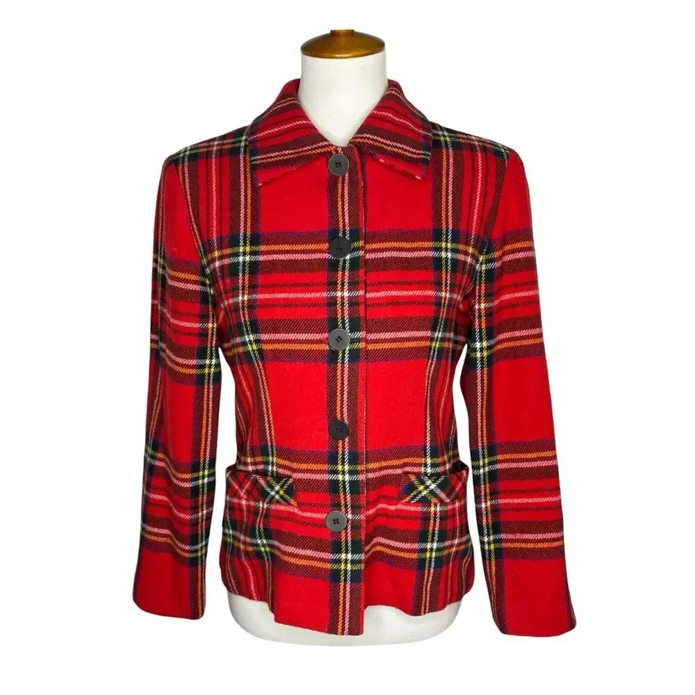 Vtg NY&CO Tartan Plaid Blazer Red Wool Blend Jacket Size Small Y2K 90s Holiday